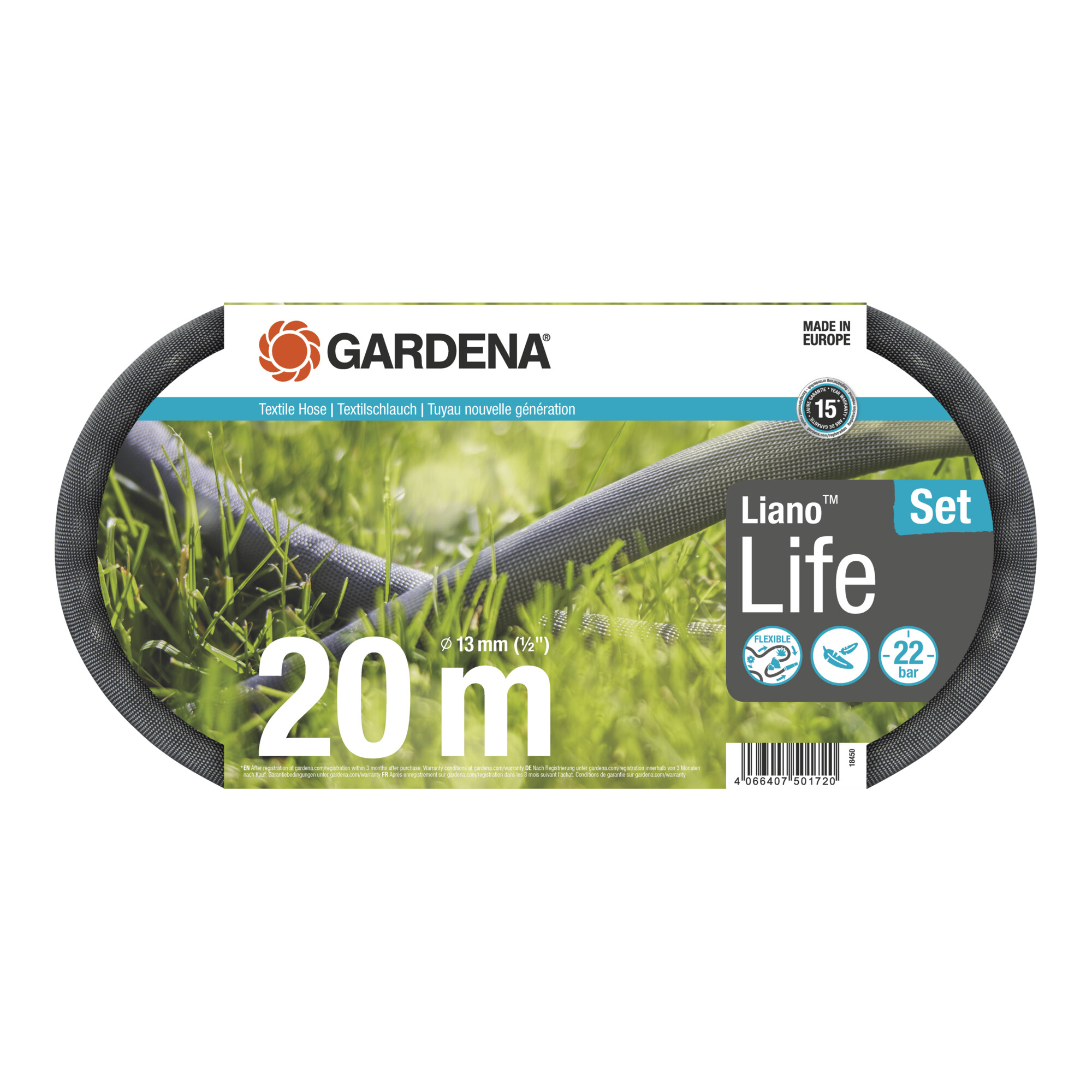 Gardena Liano Life Textilschlauch 1/2, 20 m Set für Bewässerung im Garten, aus Gewebe, Durchmesser 13 mm (1/2), Länge 20 m, inklusive Armaturen, 18450