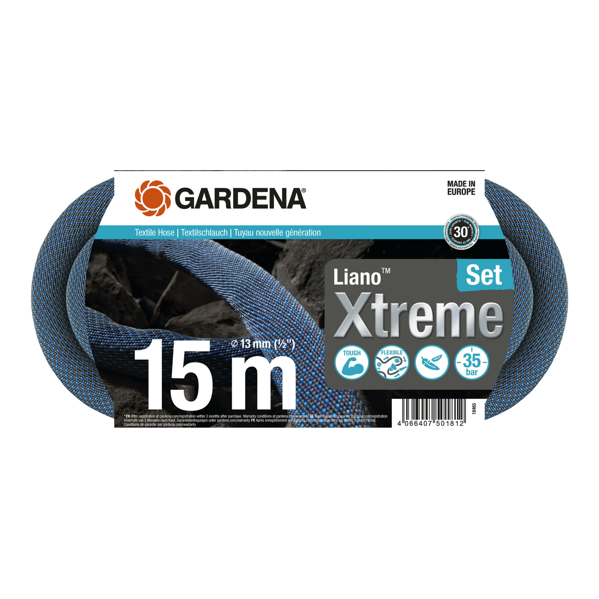 Gardena Liano Xtreme Textilschlauch 1/2 15 m Set mit Anschlussteilen, 18465-20