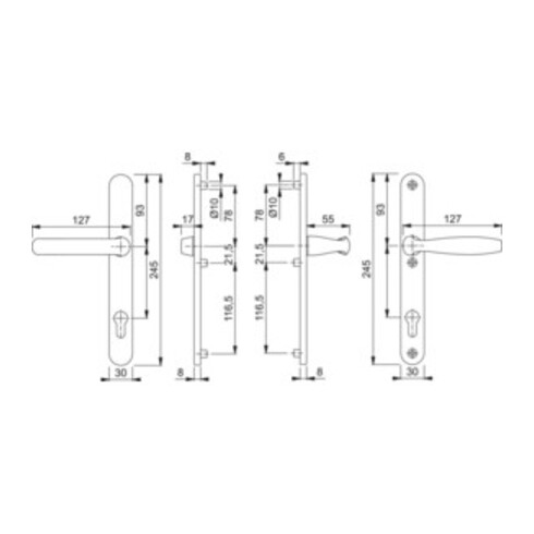 Garnitures pour portes profilées Hoppe New York 099KH/3346/1810 alu. F1 PZ pour TS 67-72 mm
