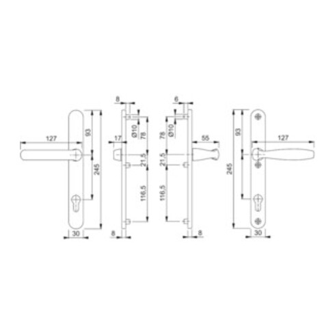 Garnitures pour portes profilées Hoppe New York 099KH/3346/1810 alu. F1 PZ pour TS 67-72 mm