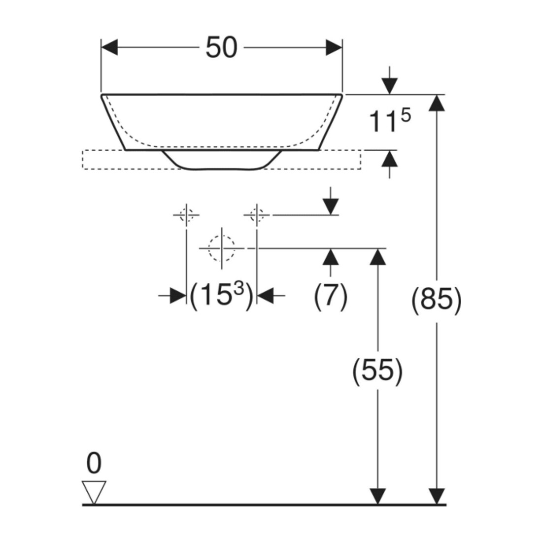 Geberit Aufsatzwaschtisch One 50x42,5cm, Schale, HL mi, o Ü, w K-Tec/B
