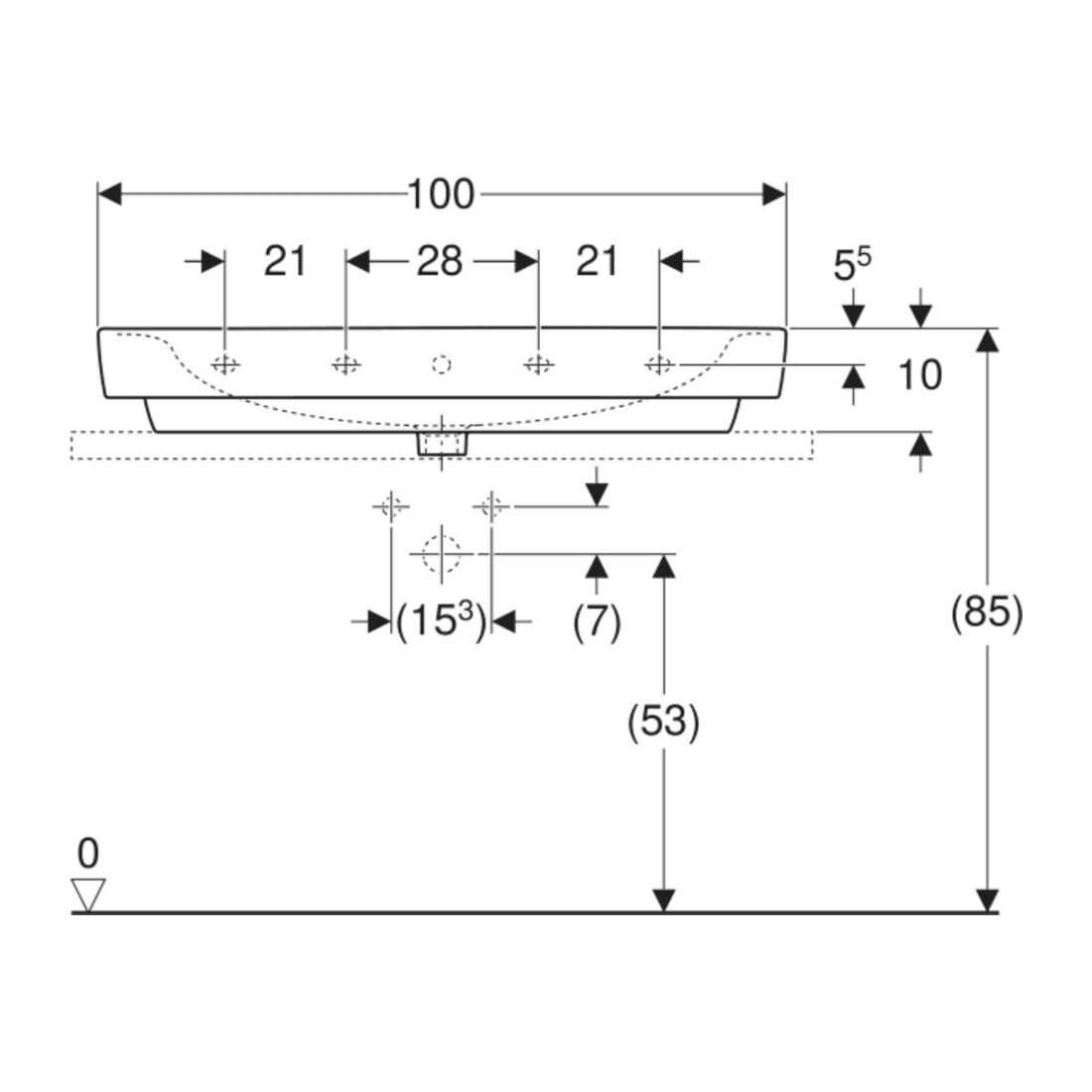 Geberit Aufsatzwaschtisch Renova Plan 100x48cm, Hahnl. mit., m ÜL, we. K-Tect