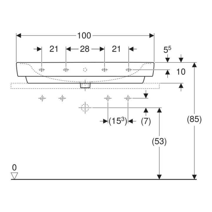 Geberit Aufsatzwaschtisch Renova Plan 100x48cm, HL re + li, m ÜL, we. K-Tect
