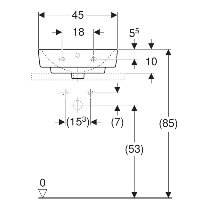 Geberit Aufsatzwaschtisch Renova Plan 45x34cm, Hahnl. mit., m ÜL, we. KeraTect