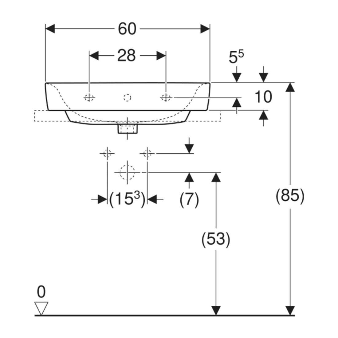 Geberit Aufsatzwaschtisch Renova Plan 60x48cm, Hahnl. mit., m ÜL, we. KeraTect