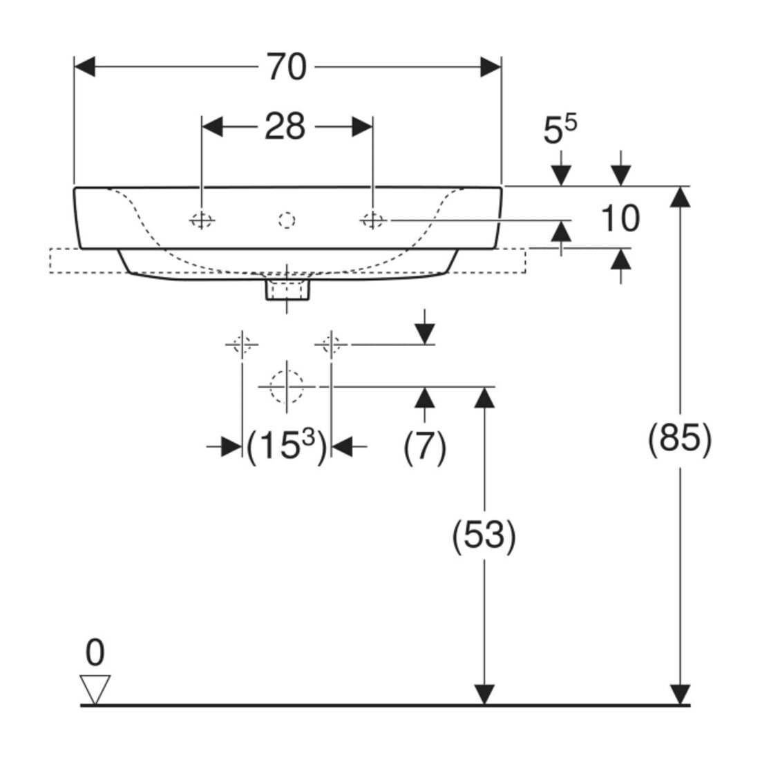 Geberit Aufsatzwaschtisch Renova Plan 70x48cm, Hahnl. mit., mit Überlauf, weiß