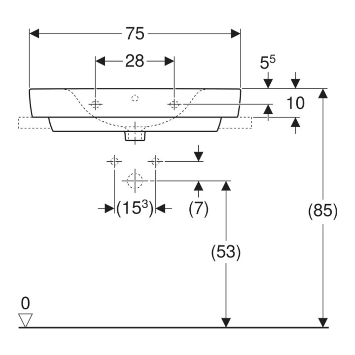 Geberit Aufsatzwaschtisch Renova Plan 75x48cm, HL mi, m Ü, Abl, we. K-Tect