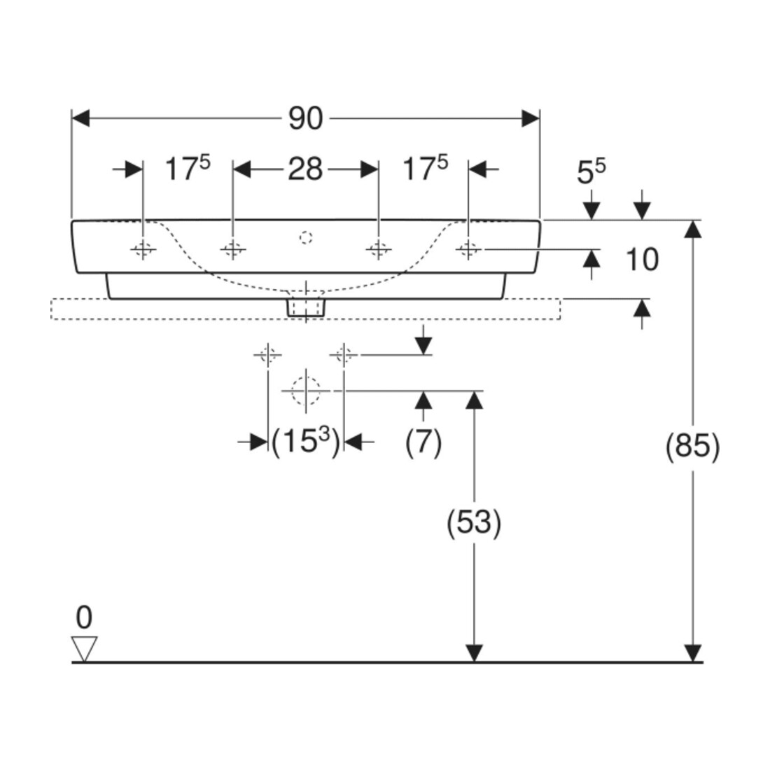 Geberit Aufsatzwaschtisch Renova Plan 90x48cm, HL mi, m Ü, Abl, we. K-Tect