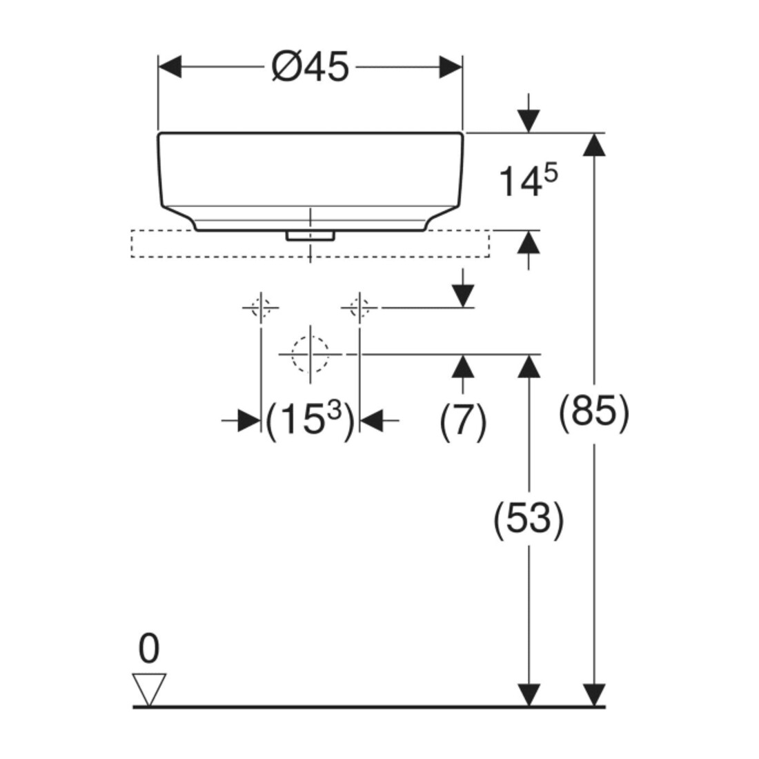 Geberit Aufsatzwaschtisch VariForm d 45cm, m Hahnloch, m ÜL, rd, we. K-Tect