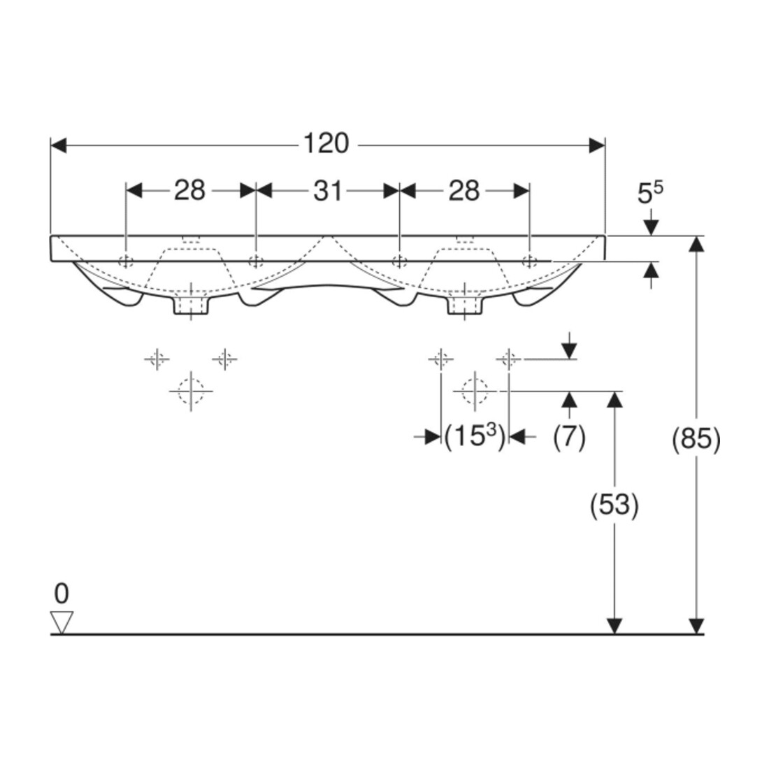 Geberit Doppelwaschtisch Acanto 120x48,2cm, m HL, mit Überlauf, weiß