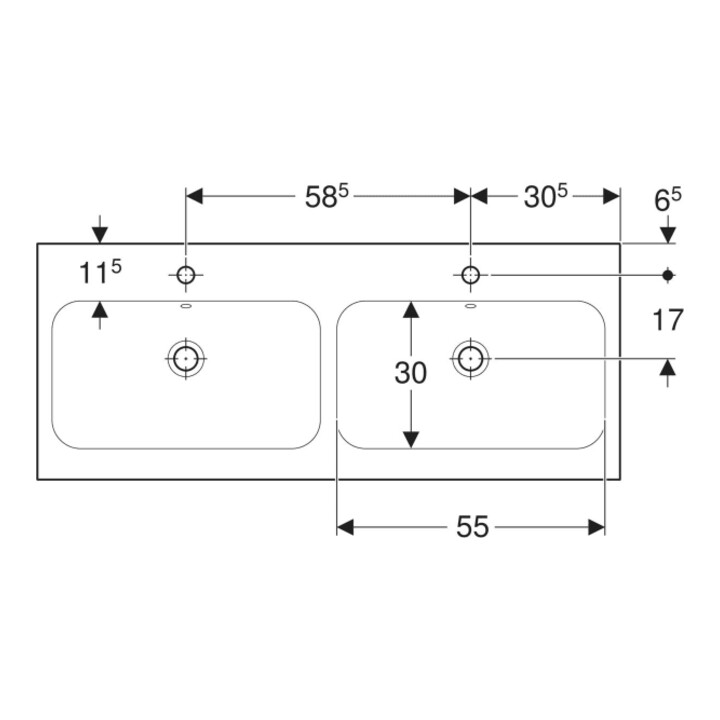 Geberit Doppelwaschtisch iCon 120x48cm, Hahnl. mit., m ÜL, we. K-Tect