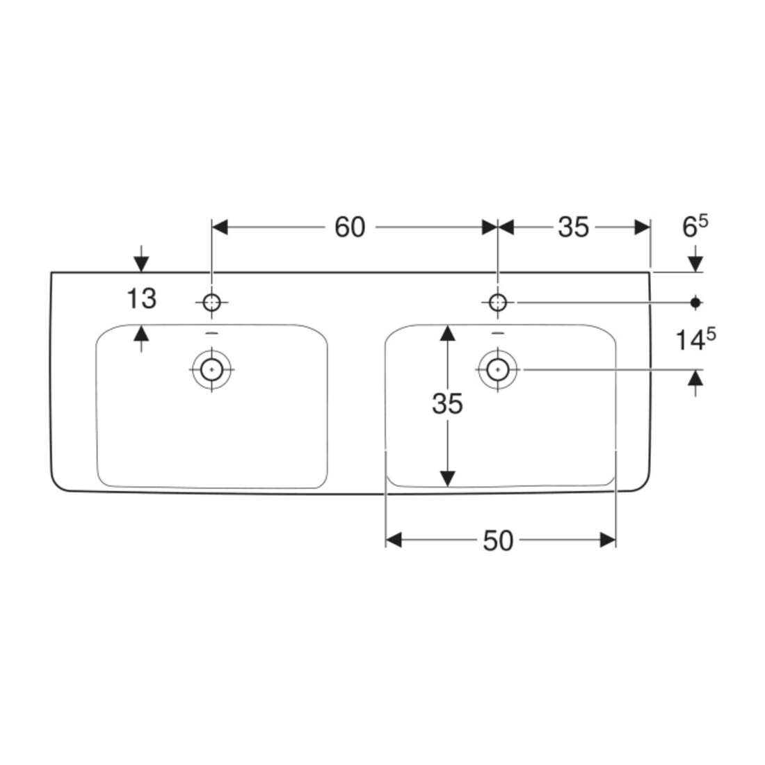 Geberit Doppelwaschtisch Renova Plan 130x48cm, Hahnl. mit., m ÜL, we. K-Tect