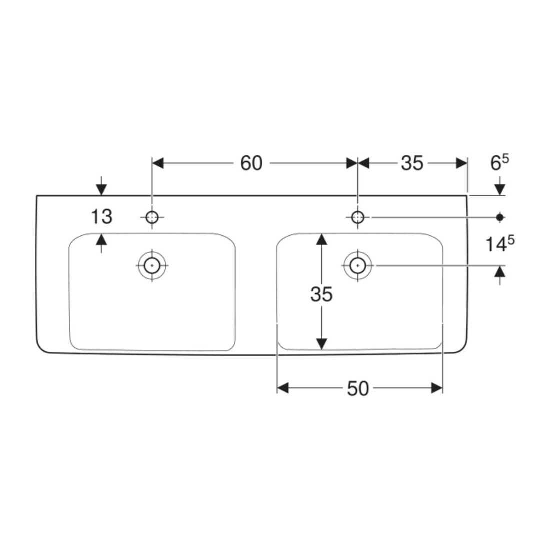 Geberit Doppelwaschtisch Renova Plan 130x48cm, Hahnl. mit., o. ÜL, we. K-Tect