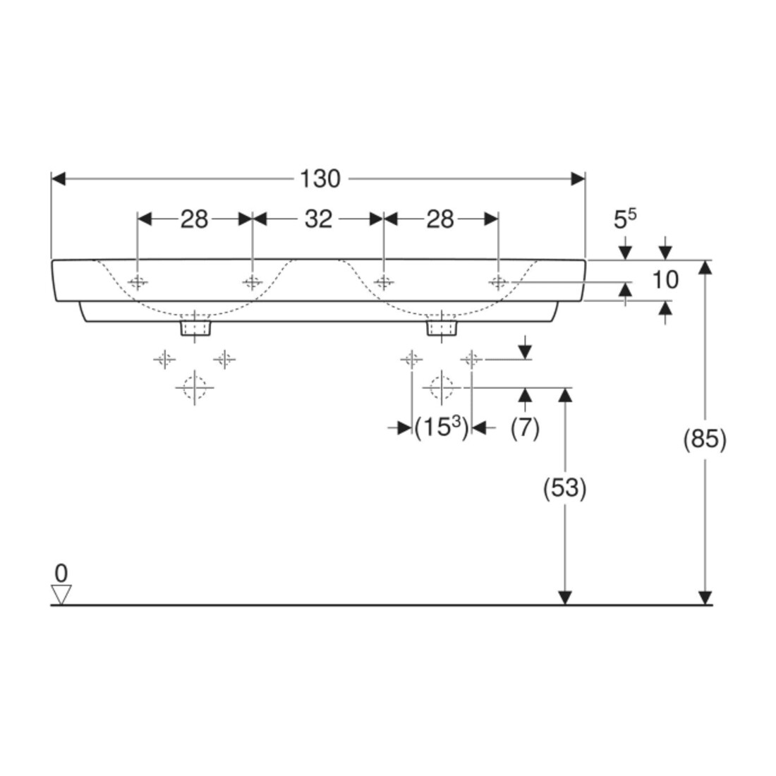 Geberit Doppelwaschtisch Renova Plan 130x48cm, Hahnl. mit., o. ÜL, we. K-Tect