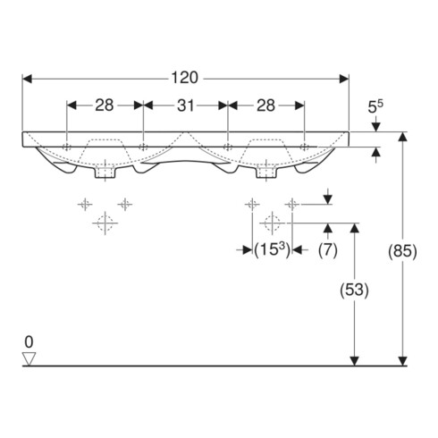 Geberit Double vasque Acanto 120x48,2 cm, avec trop-plein, sans trou de robinet, blanc