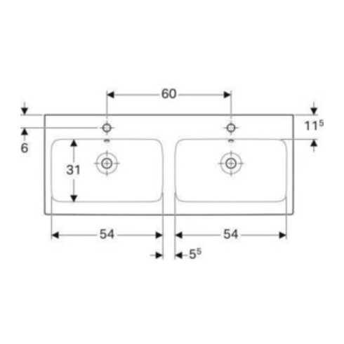 Geberit Double vasque iCon 120x48,5 cm, avec robinet, trop-plein, blanc