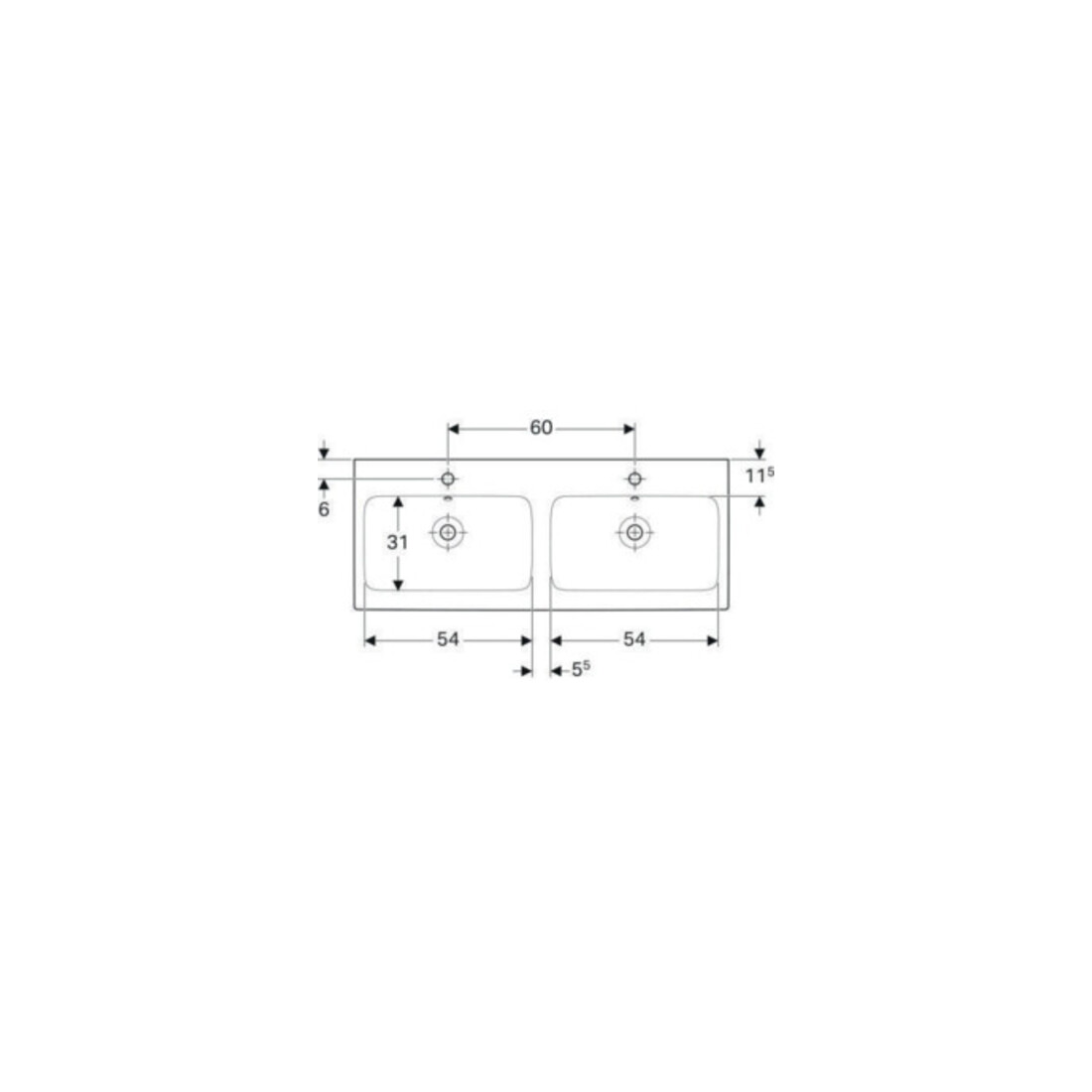 Geberit Double vasque iCon 120x48,5 cm, avec robinet, trop-plein, blanc
