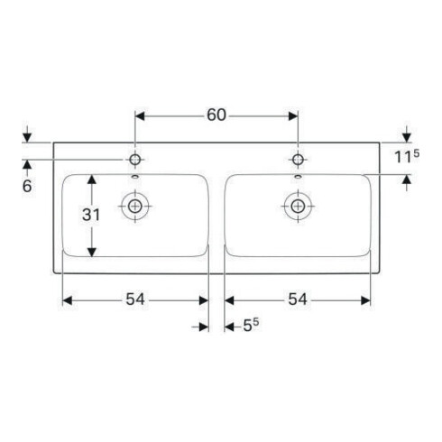 Geberit Double vasque iCon 120x48,5 cm, avec robinet, trop-plein, blanc