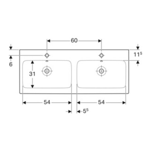 Geberit Double vasque iCon 120x48,5 cm, avec robinet, trop-plein, blanc
