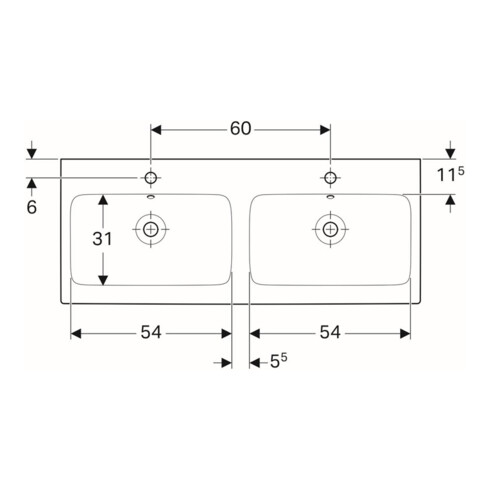 Geberit Double vasque iCon 120x48,5 cm, avec robinet, trop-plein, blanc