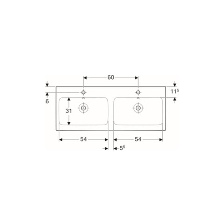 Geberit Double vasque iCon 120x48,5 cm, avec robinet, trop-plein, blanc
