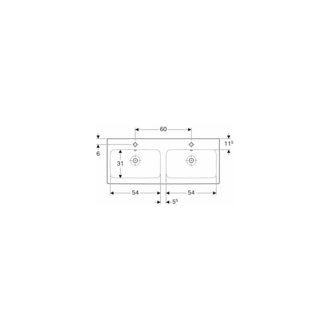 Geberit Double vasque iCon 120x48,5 cm, avec robinet, trop-plein, blanc