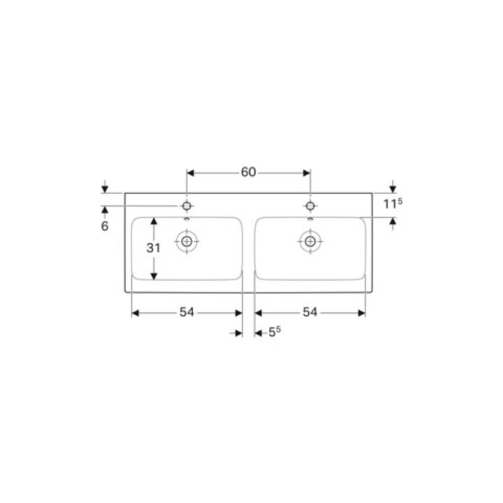 Geberit Double vasque iCon 120x48,5 cm, avec robinet, trop-plein, blanc
