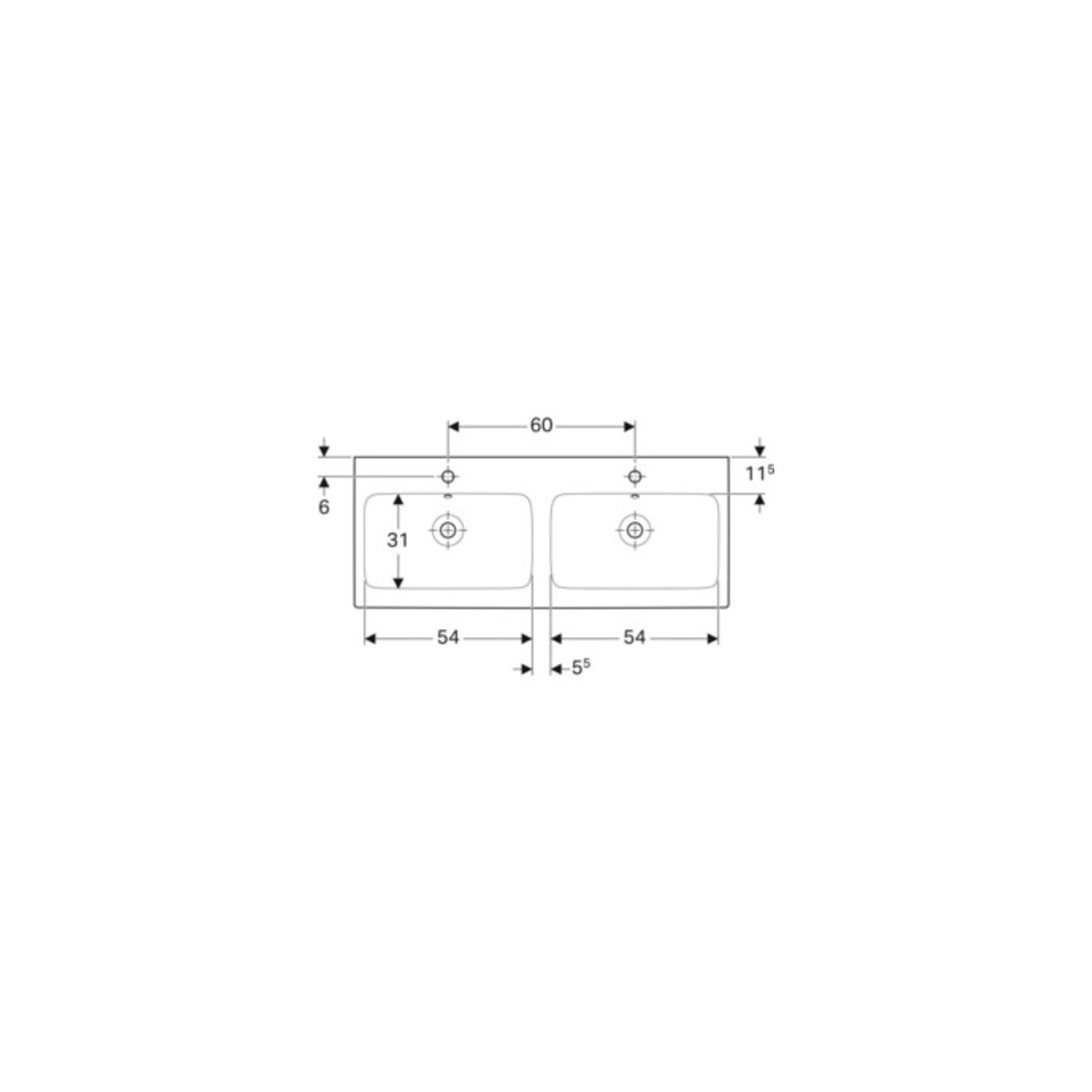 Geberit Double vasque iCon 120x48,5 cm, avec robinet, trop-plein, blanc