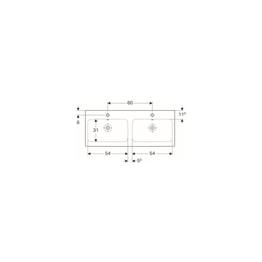 Geberit Double vasque iCon 120x48,5 cm, avec robinet, trop-plein, blanc