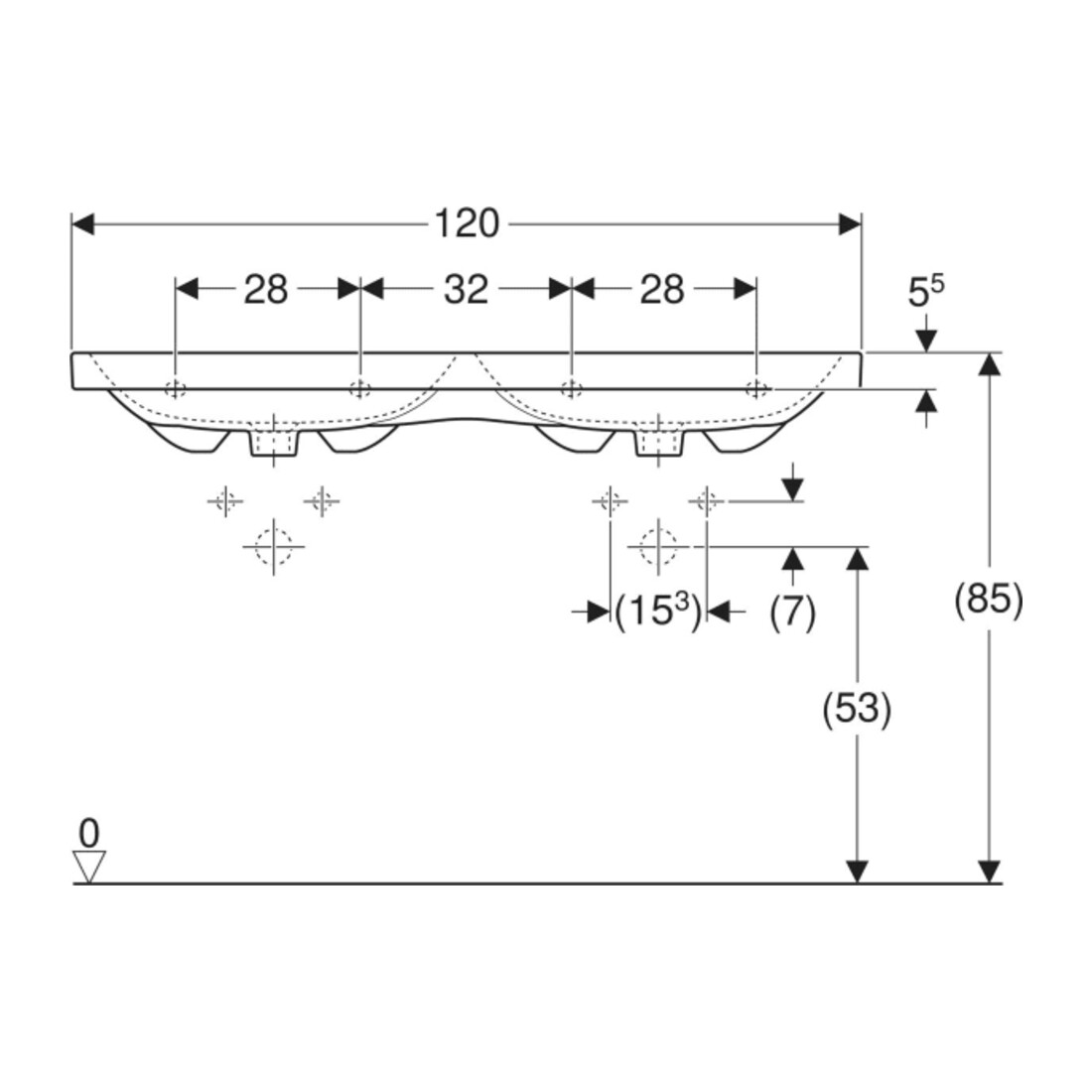 Geberit Double vasque iCon 120x48 cm, robinetterie intégrée, sans trop-plein, blanc K-Tect