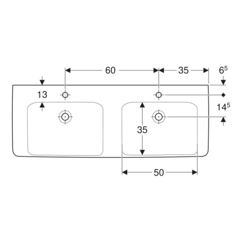 Geberit Double vasque Renova Plan 130x48 cm, mitigeur, sans trop-plein, blanc K-Tect