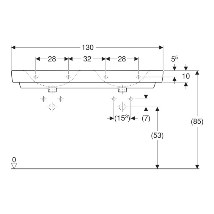 Geberit Double vasque Renova Plan 130x48 cm, mitigeur, sans trop-plein, blanc K-Tect