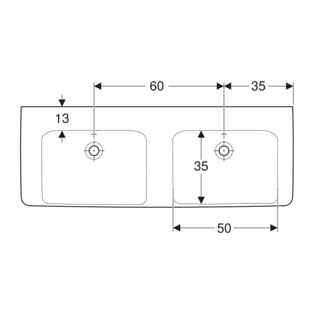 Geberit Double vasque Renova Plan 130x48 cm, sans robinet, avec trop-plein, blanc