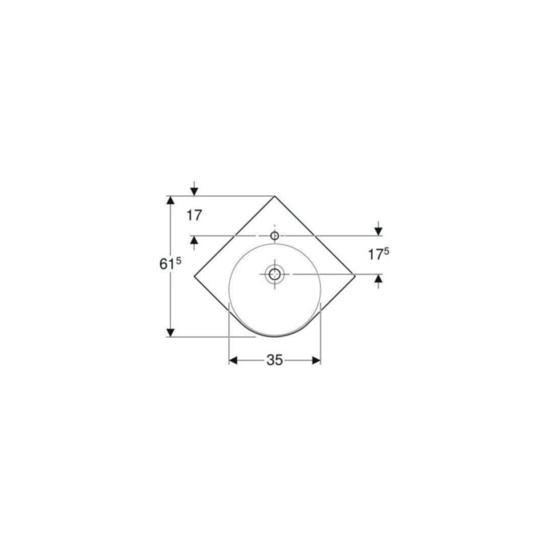 Geberit Eck-Waschtisch Renova Compact 69,5x61,5cm, m Hahnl., m Überlauf, weiß