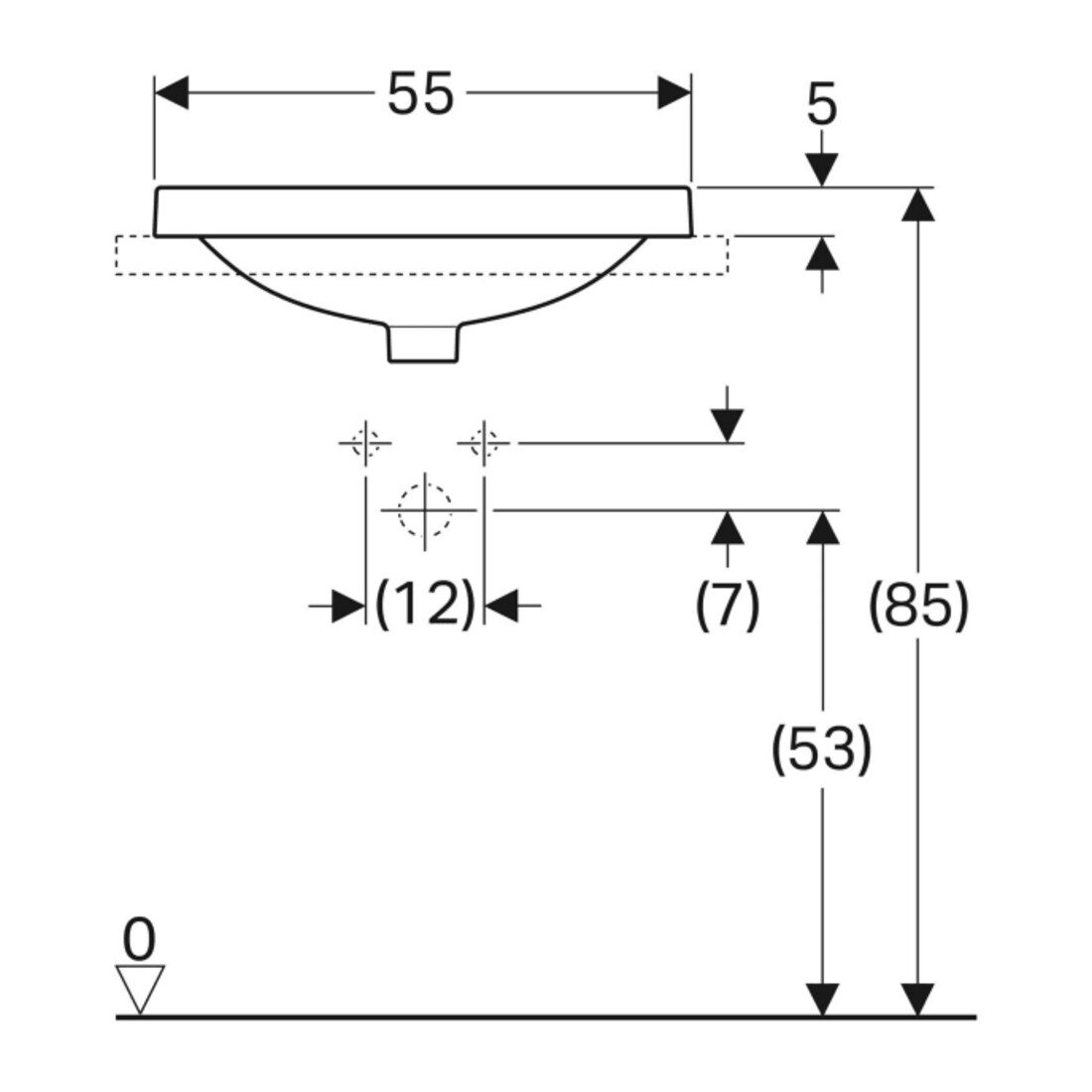 Geberit Einbauwaschtisch VariForm 55x40cm, o HL, m ÜL, recht., we. K-Tect