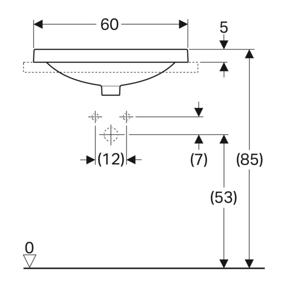 Geberit Einbauwaschtisch VariForm 60x45cm, m HLB, o Ü, ellipt., we. K-Tect