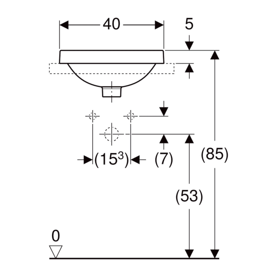 Geberit Einbauwaschtisch VariForm d 40cm, o. Hahnl., m ÜL, rd, we. K-Tect