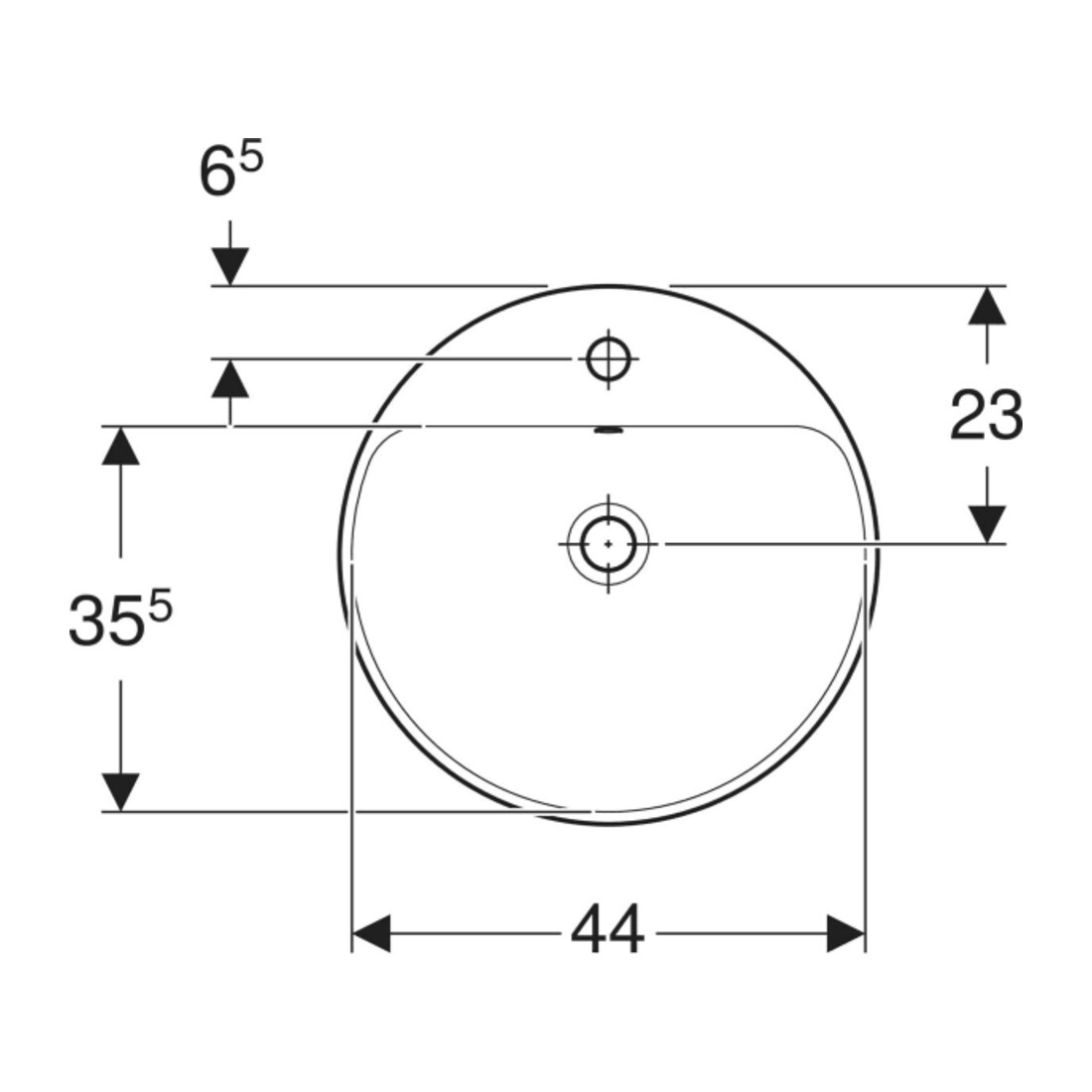 Geberit Einbauwaschtisch VariForm d 48cm, m HLB, m Ü, rd, Unters. glas./we