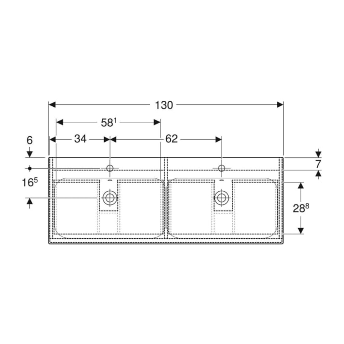 Geberit Ensemble double vasque Renova Plan 130x62,2x48 cm, blanc/brun, mitigeur avec siphon