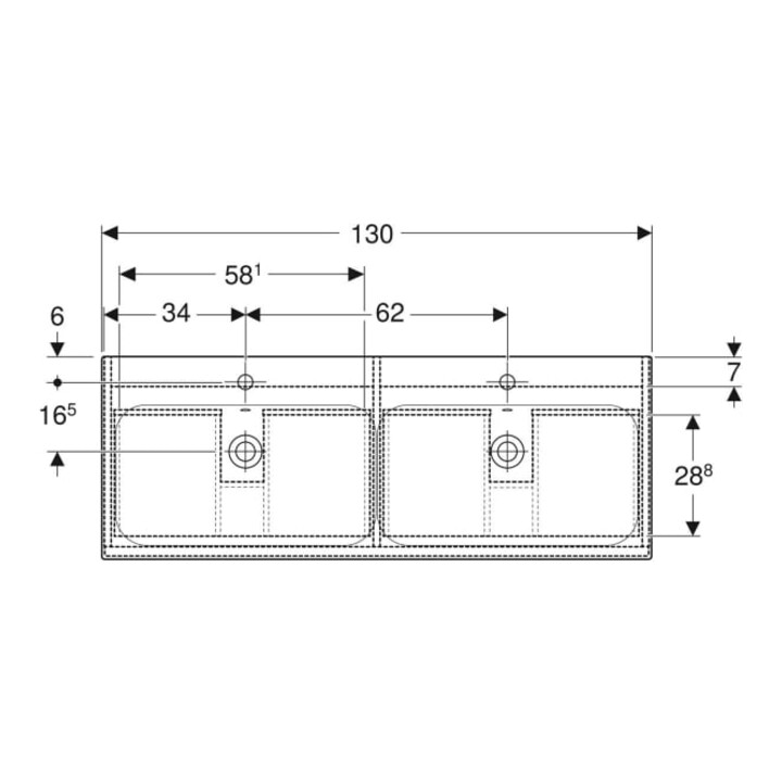 Geberit Ensemble double vasque Renova Plan 130x62,2x48cm, corps noyer, vasques blanches