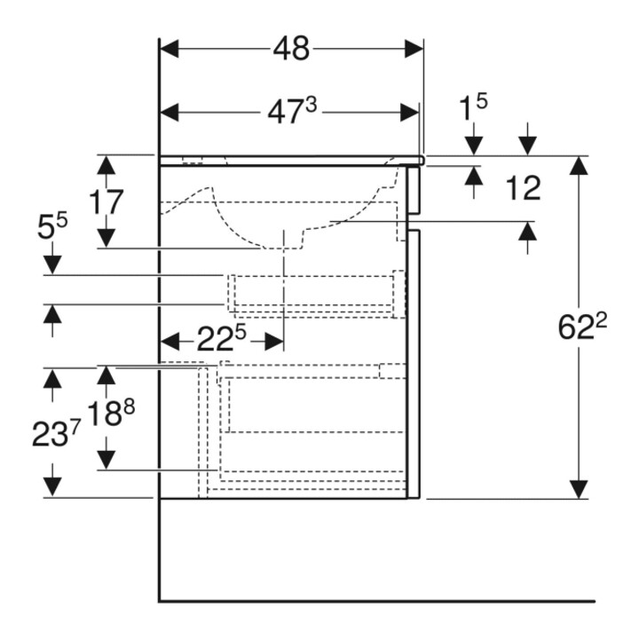 Geberit Ensemble double vasque Renova Plan 130x62,2x48cm, corps noyer, vasques blanches