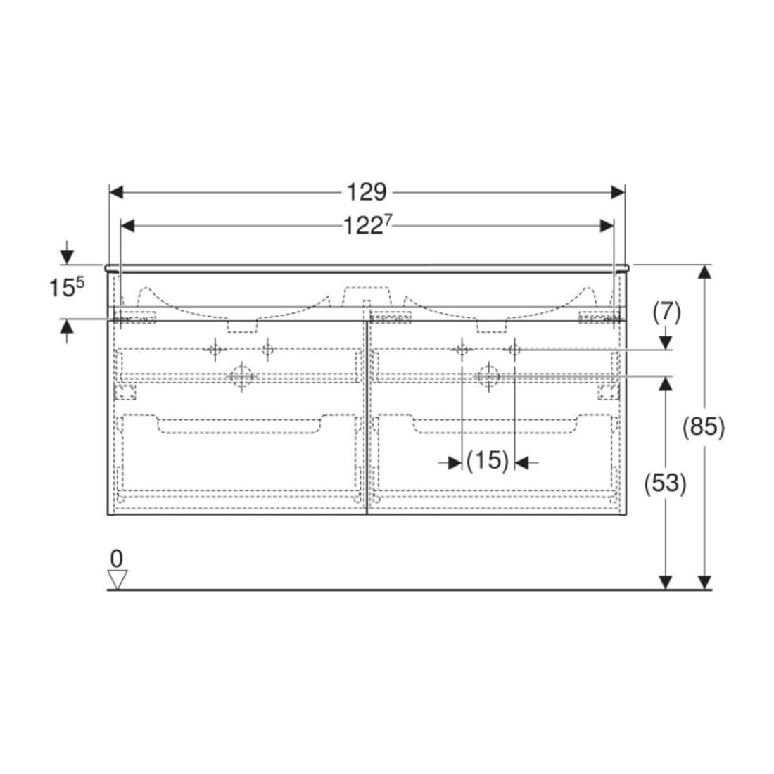 Geberit Ensemble double vasque Renova Plan 130x62,2x48cm, Kor/Fr. blanc brillant, lavabo blanc