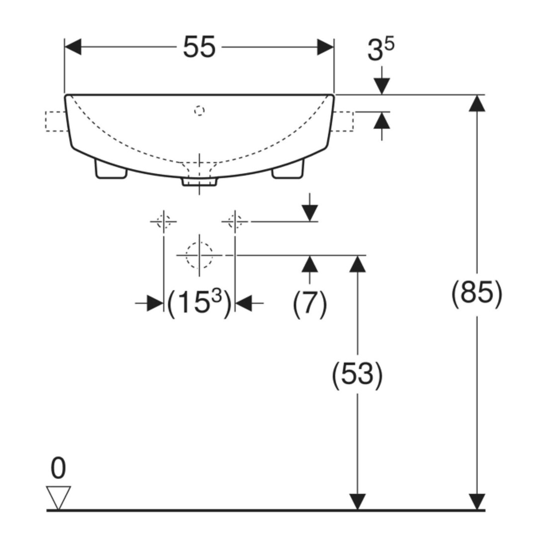 Geberit Halb-Einbauwaschtisch VariForm 55x45cm, m HL, m ÜL, quadr., we. K-Tect