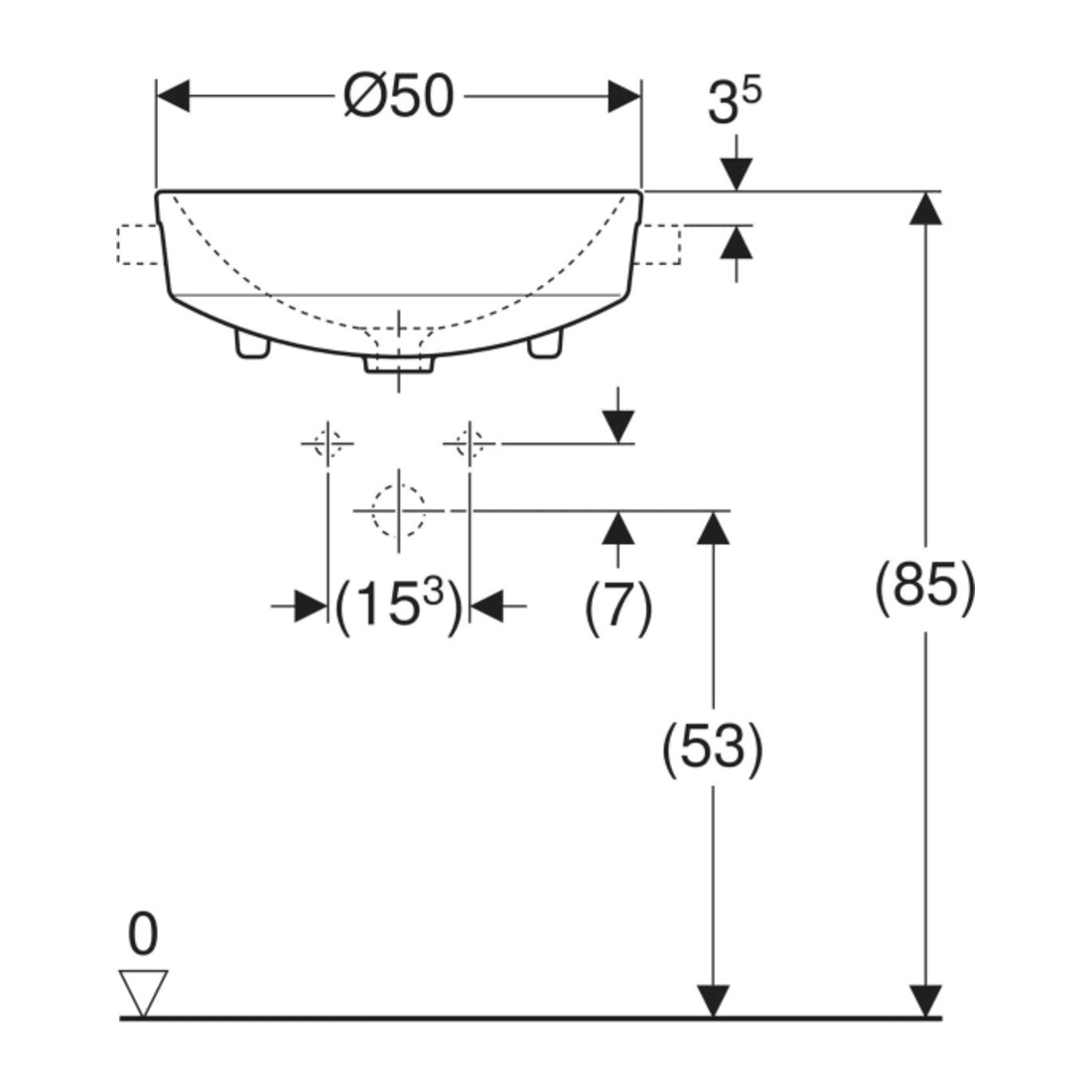 Geberit Halb-Einbauwaschtisch VariForm d 50, m Hahnl., m ÜL, rd, weiß KeraTect