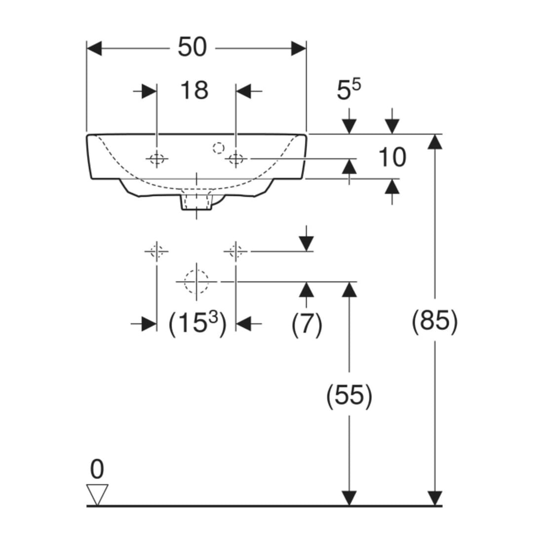 Geberit Handwaschbecken Renova Plan 50x38cm, HL mi, m asymetrischem ÜL, we.