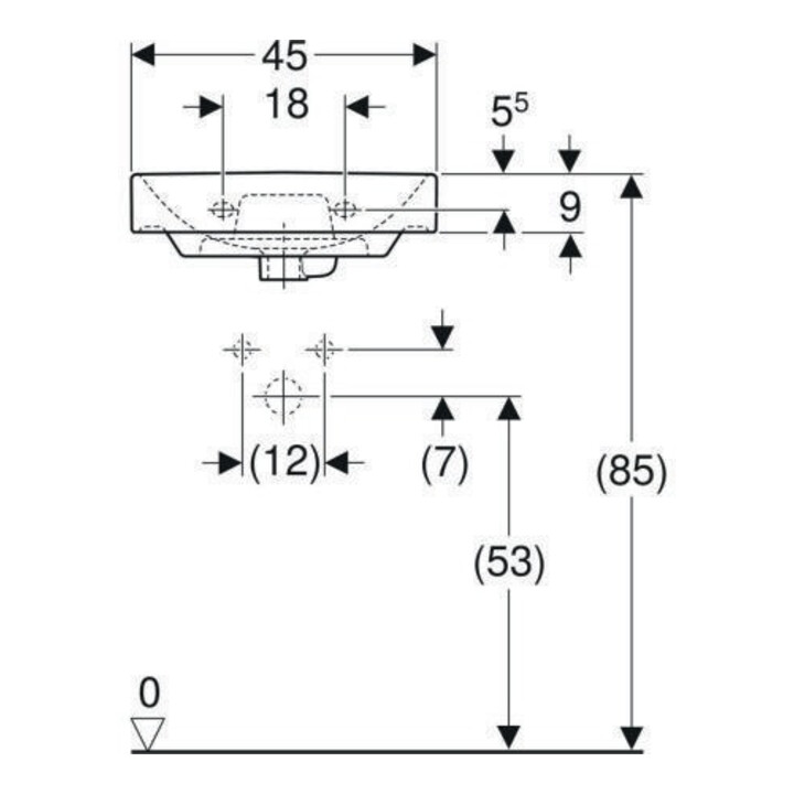 Geberit Handwaschbecken Smyle Square we., 45x36cm, m Hahnl., m ÜL asym.