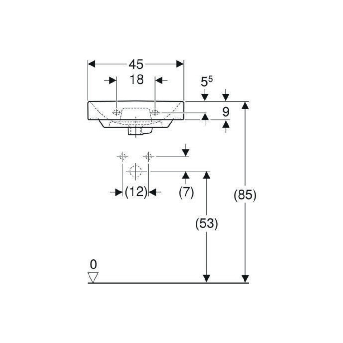 Geberit Handwaschbecken Smyle Square we., 45x36cm, m Hahnl., m ÜL asym.
