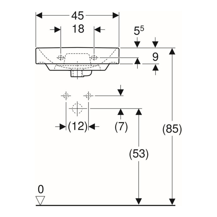 Geberit Handwaschbecken Smyle Square we., 45x36cm, m Hahnl., m ÜL asym.