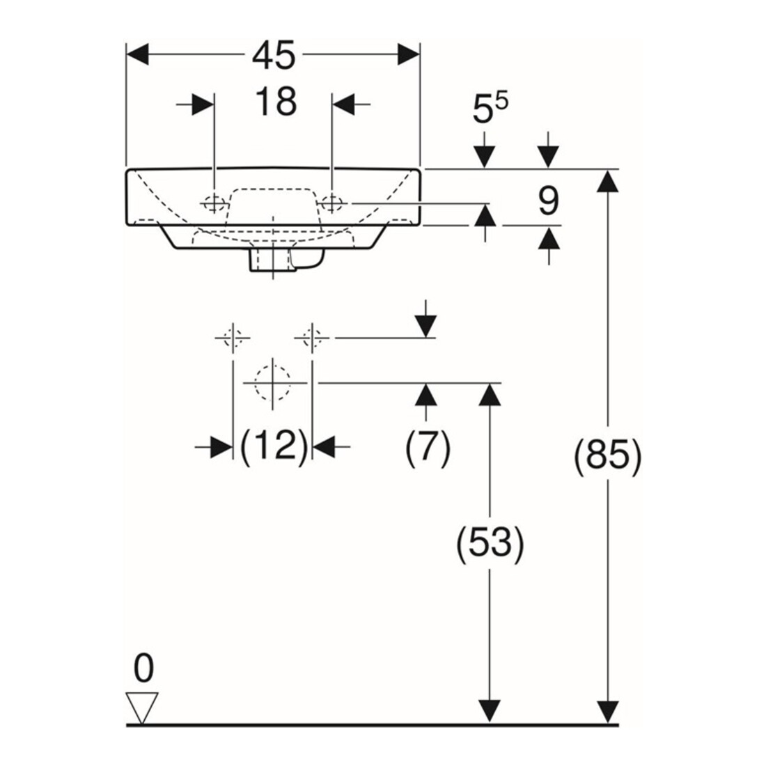 Geberit Handwaschbecken Smyle Square we., 45x36cm, m Hahnl., m ÜL asym.