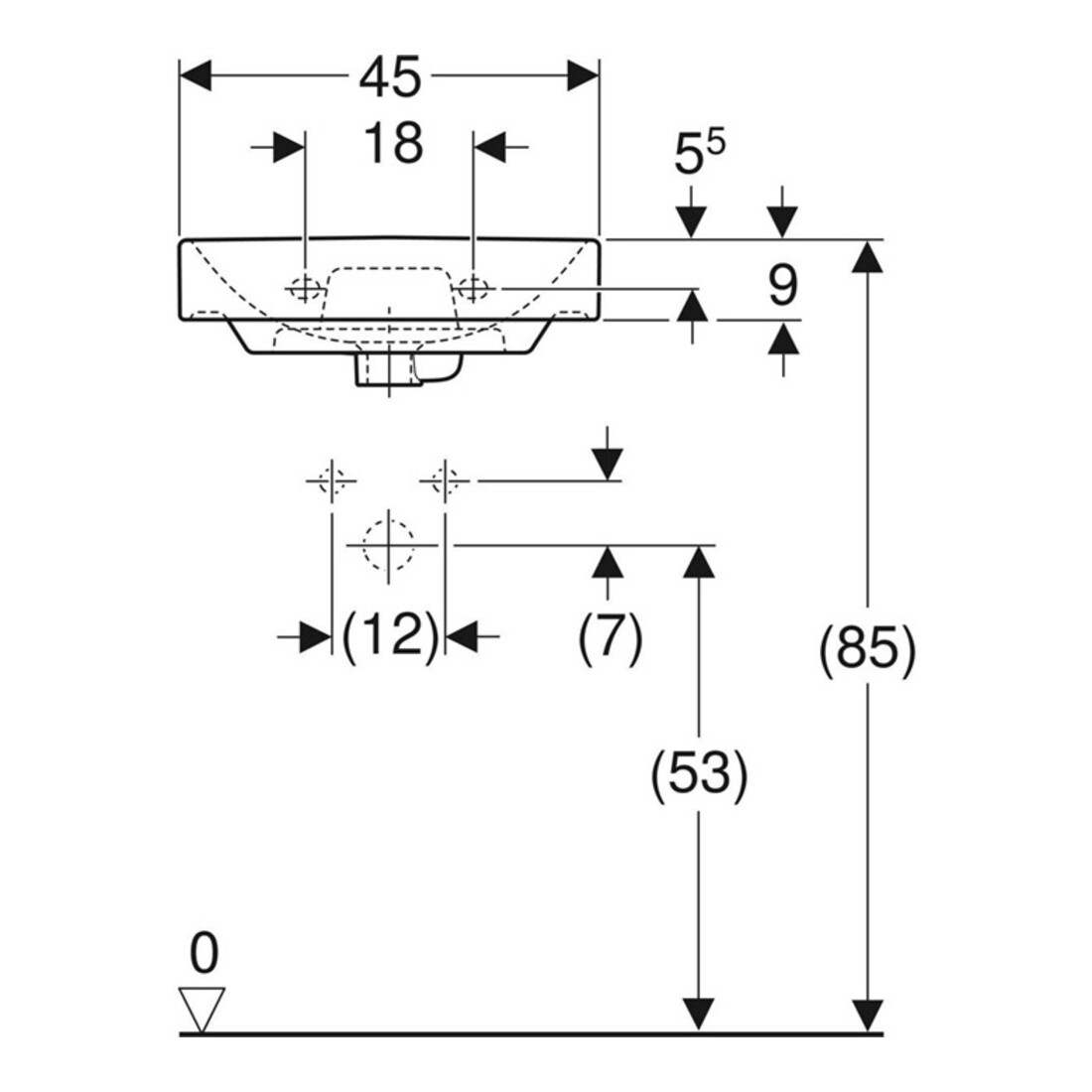 Geberit Handwaschbecken Smyle Square we., 45x36cm, m Hahnl., m ÜL asym.